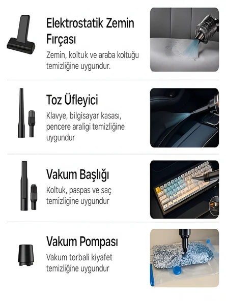 DEANB AHV 8in1 Kablosuz 16000PA Araç Ev Ofis İçi Mini Süpürge 6000mAh Şarjlı Vakum + Üfleme - Resim 3