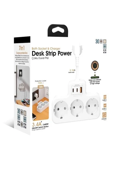 DEANB 3680W 3.4A 2xUSB 1xType-C Alman Akım Korumalı Saf Bakır 3’lü Priz Çoklayıcı 1050J - 6