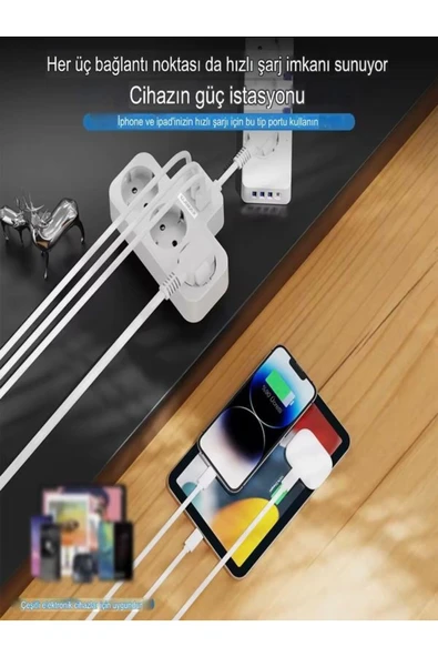 DEANB 3680W 3.4A 2xUSB 1xType-C Alman Akım Korumalı Saf Bakır 3’lü Priz Çoklayıcı 1050J - 4