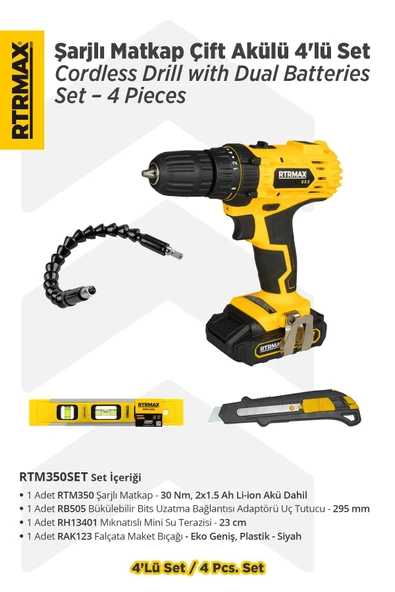RTM350SET Şarjlı Matkap Çift Akülü 4'lü Set - Uç Tutucu-Mini Su Terazisi-Maket Bıçağı - 1