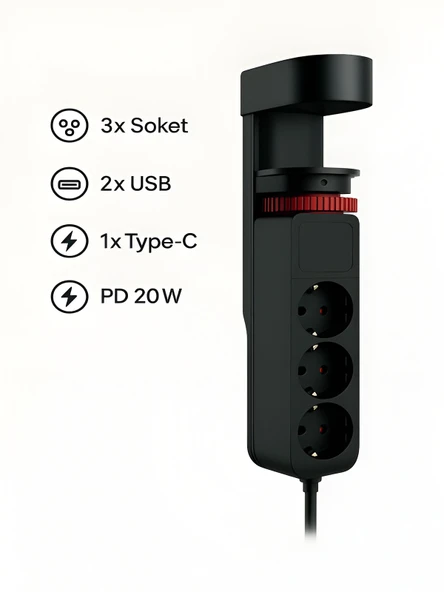 ÇELİKWORK Masa Tutacaklı Akım Korumalı 2xusb-a, 3'lü Priz, Pd 20w 1usb-c Tepe-c Çoklayıcı Tutacaklı Priz ürün görseli 1