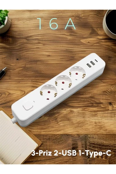ÇELİKWORK FTR/16 3680W 16A 3 Priz, 2 USB, 1 Type-C, 1.8 Metre Akım Korumalı Priz - 3