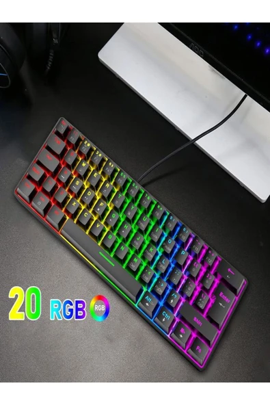 DEANB 62Tuş Mekanik Mini Oyun Klavyesi Uyumlu 19 RGB Rainbow LED'Li Aydınlatmalı Taşınabilir  KLAVYE - 7