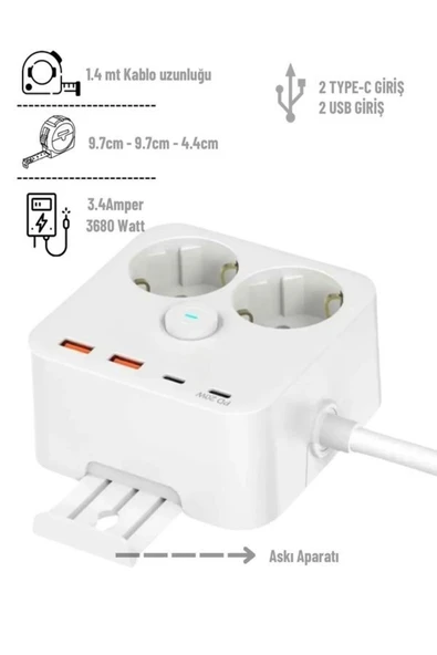 ÇELİKWORK 3680W 2'li Priz, 2 USB ve 2 Type-C Portlu, 1.4m Kablo, 3.4A Çıkış, Askı Aparatlı, Akım Korumalı - 2