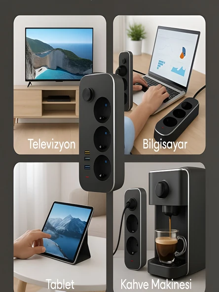 ÇELİKWORK Elektrik Sigortalı Akım Korumalı 2-usb 1-pd Type-c 3'lü Priz 2 Metre Kablo Anahtarlı Termal Korumalı - Resim 4