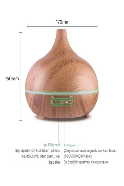 DEANB 500ml Kumandalı Ahşap Desenli Aroma Difüzör – 7 Renk LED, RGB Işıklı Hava Nemlendirici - 3