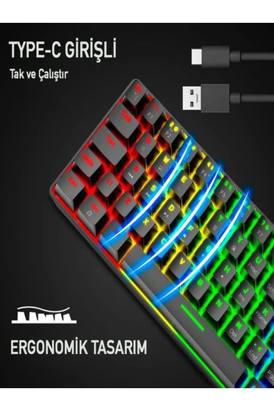 DEANB 62Tuş Mekanik Mini Oyun Klavyesi Uyumlu 19 RGB Rainbow LED'Li Aydınlatmalı Taşınabilir  KLAVYE - 4