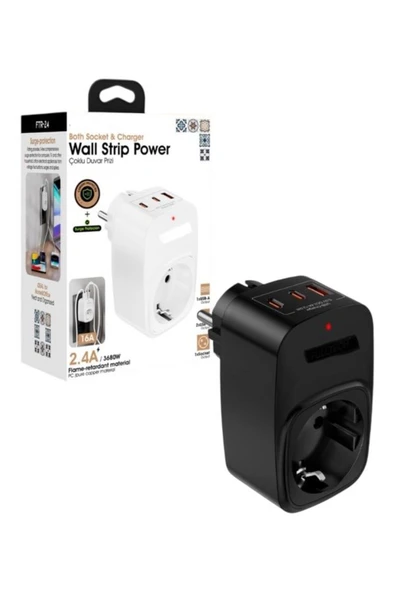 DEANB 3680W 2.4A 2xUSB 1xType-C 1xSoket Alman Akım Korumalı Saf Bakır Çoklu Kablosuz Duvar Prizi 1050J - 1