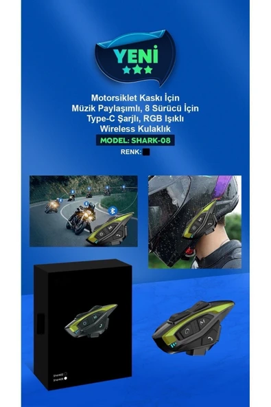 ÇELİKWORK Shark8 Motorcu Kask Kulaklığı 8 Kişi 2km Interkom Gürültü Azaltma Müzik Paylaşımı Rgb Işık Wireless - Resim 7