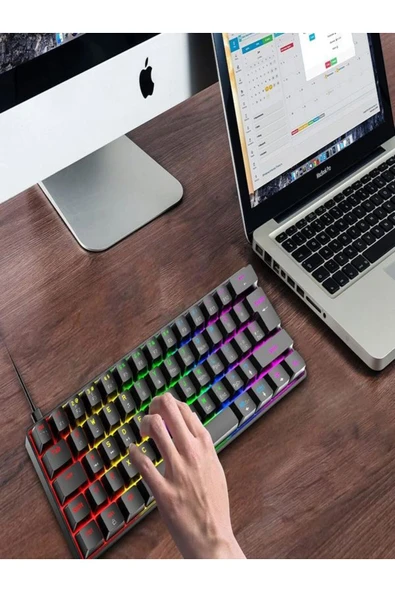 DEANB 62Tuş Mekanik Mini Oyun Klavyesi Uyumlu 19 RGB Rainbow LED'Li Aydınlatmalı Taşınabilir  KLAVYE - 2