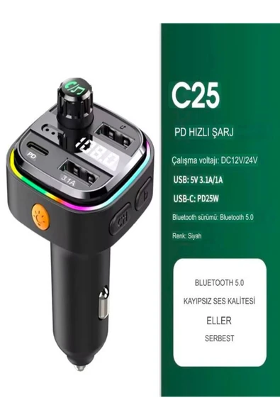 DEANB Car-İn Bluetooth Wireless 3.1A 2USB TF Kartlı Type-C RGB Işıklı Araç İçi FM Transmitter Şarj Cihazı - 2