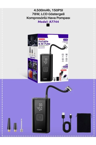 DEANB 150 PSI Şarjlı Hava Kompresörü 4500mAh | LCD Ekranlı Taşınabilir Lastik Şişirme Pompası - 7