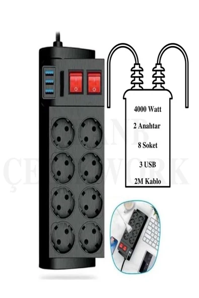 çelikwork inspiring technology F-T-8 4000Watt Akım Korumalı 2Anahtar 3 Usb'li Çocuk Korumalı 2M Kablolu 8li Priz - 1