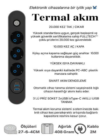 FTR 2500W Termal Akım Korumalı 3lü Priz 2 USB 1 TypeC Sigortalı Çoklayıcı 2 m Kablo - Resim 3