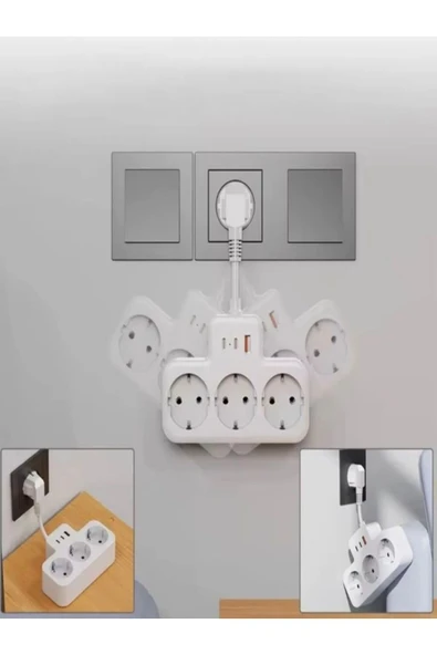 DEANB 3680W 3.4A 2xUSB 1xType-C Alman Akım Korumalı Saf Bakır 3’lü Priz Çoklayıcı 1050J - 3