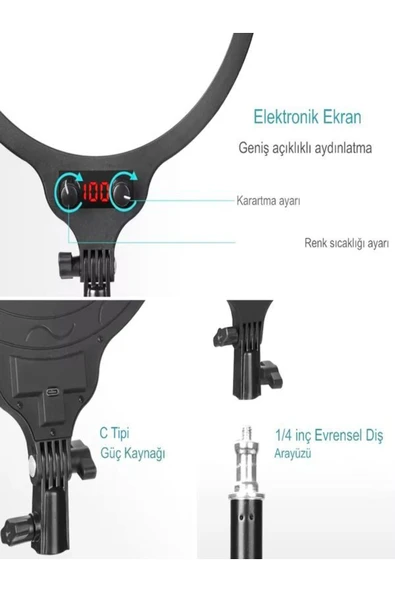 DEANB 36CM 360° Dönen LCD Göstergeli LED Işık - Fotoğraf ve Video Çekimleri İçin Filtreli ve Göz Korumalı - 4
