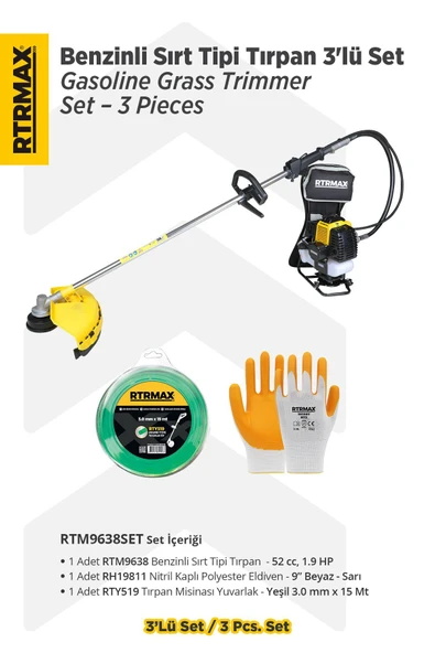 RTM9638 Benzinli Sırt Tipi Tırpan 52 Cc 1.9 Hp - (Tırpan Bıçağı, Misina Başlığı, Hediyeli) - 1