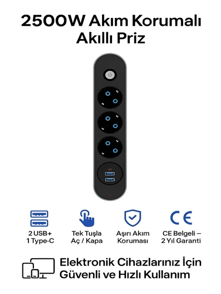 FTR 2500W Termal Akım Korumalı 3lü Priz 2 USB 1 TypeC Sigortalı Çoklayıcı 2 m Kablo ürün görseli 1