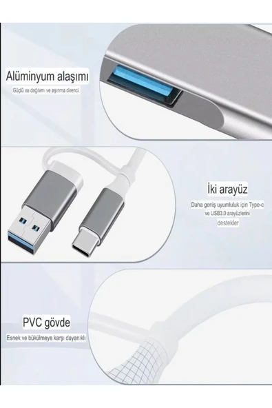 DEANB Alüminyum Metalik 4'ü 1 Arada USB + Type-C Çevirici, USB 3.0 Hızlı Klavye-Mouse Data Çoklayıcı - 4