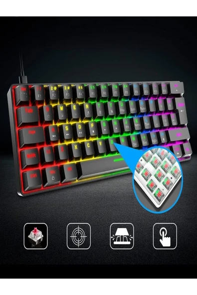 DEANB 62Tuş Mekanik Mini Oyun Klavyesi Uyumlu 19 RGB Rainbow LED'Li Aydınlatmalı Taşınabilir  KLAVYE - 8