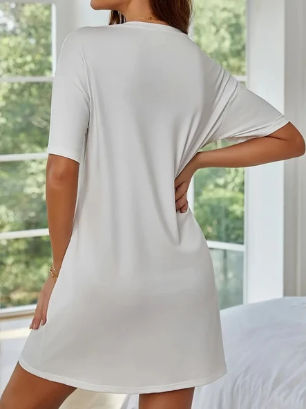 Kadın Kısa Kollu Yazı Baskılı Basic Mini Elbise - Resim 2