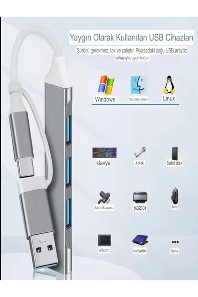 DEANB Alüminyum Metalik 4'ü 1 Arada USB + Type-C Çevirici, USB 3.0 Hızlı Klavye-Mouse Data Çoklayıcı - 7