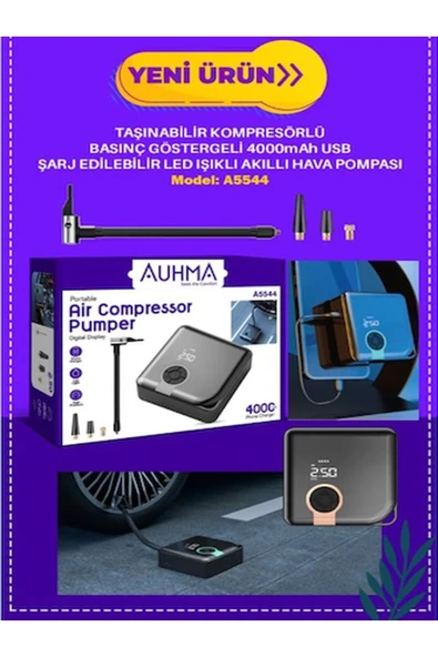 ÇELİKWORK Kablosuz Basınç Göstergeli Air Kompresör 4000mah Led Işıklı Araba Hava Pompası/usb/powerbank - 1
