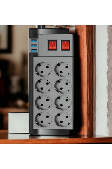 ÇELİKWORK FTR-08 4000W 16A Akım Korumalı 2 Anahtarlı 8'li Priz, 3 USB Portlu, 2 Metre Kablolu Çoklayıcı - 4