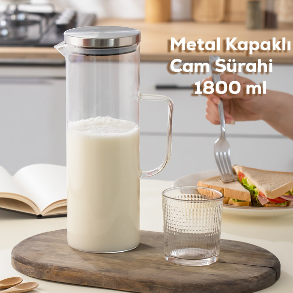 Porsima 76228 Metal Kapaklı Cam Sürahi - Borosilikat Cam Sürahi - 1,8 L