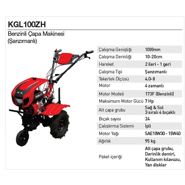 Benzinli Çapa Makinesi KGL100ZH 7 Hp Güçlü Motorlu Bahçe Toprak Çapalama ve Tarım İşleme Makinesi - Resim 2