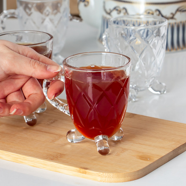 Porsima 15720 Ayaklı Kulplu Desenli 4'lü Cam Bardak - Kulplu Çay Kahve Bardağı - 200 cc - 2