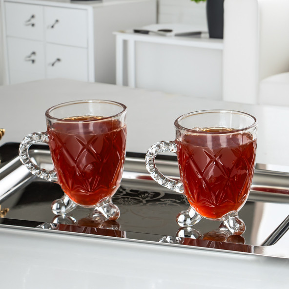Porsima 15720 Ayaklı Kulplu Desenli 4'lü Cam Bardak - Kulplu Çay Kahve Bardağı - 200 cc - 3