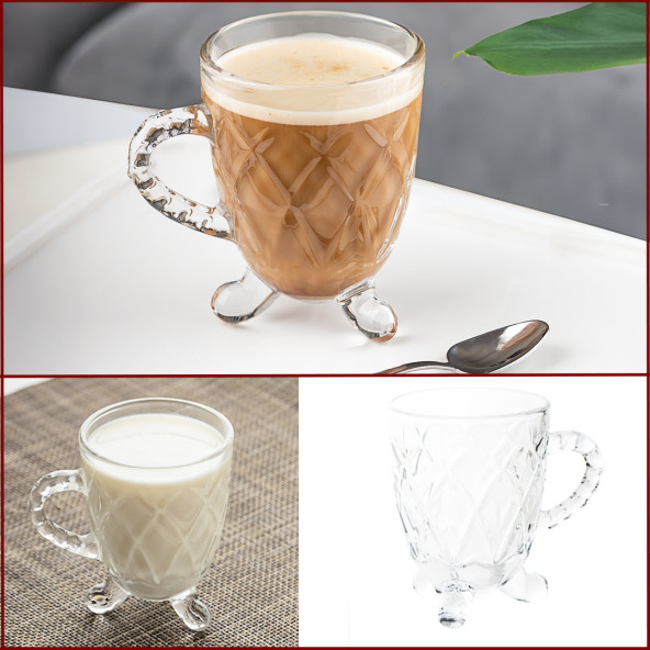 Porsima 15720 Ayaklı Kulplu Desenli 4'lü Cam Bardak - Kulplu Çay Kahve Bardağı - 200 cc - 4