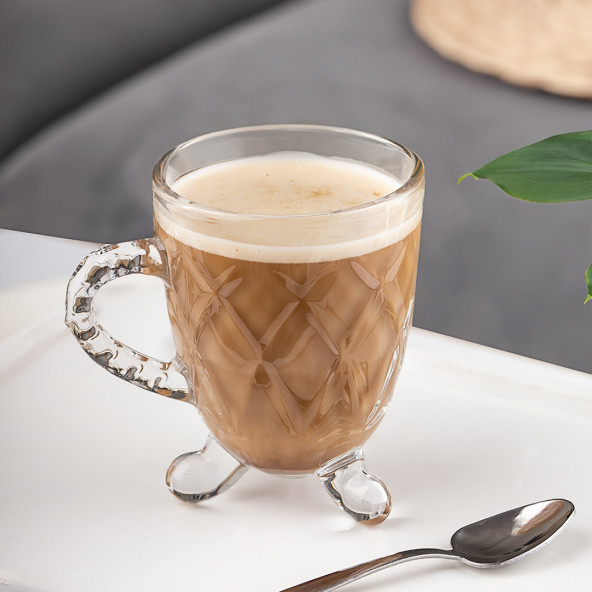 Porsima 15720 Ayaklı Kulplu Desenli 4'lü Cam Bardak - Kulplu Çay Kahve Bardağı - 200 cc - 5