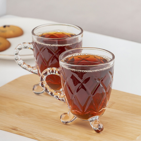 Porsima 15720 Ayaklı Kulplu Desenli 4'lü Cam Bardak - Kulplu Çay Kahve Bardağı - 200 cc - 6