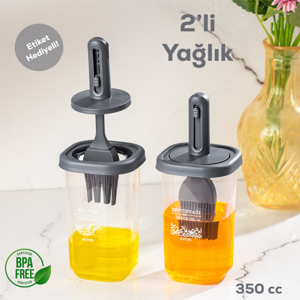 Porsima 0520 2'li Silikon Fırçalı Yağlık Sosluk - Yağdanlık Erzak Saklama Kabı 350 cc Antrasit