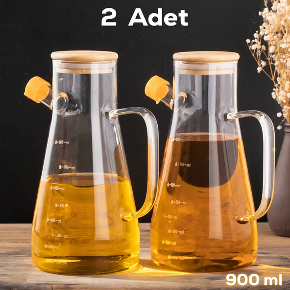 Porsima 401275 2'li Alisa Bambu Kapaklı Borosilikat Ölçekli Cam Yağlık Silikon Tabanlı Dereceli Yağdanlık 900 mL