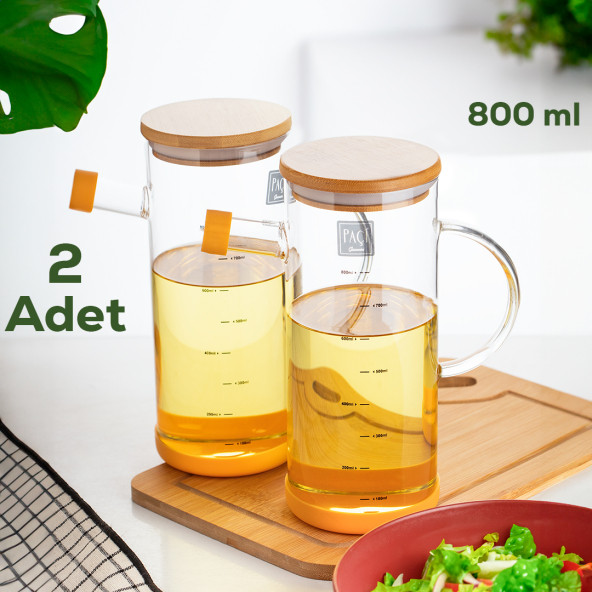 Porsima 401275 2'li Alisa Bambu Kapaklı Borosilikat Ölçekli Cam Yağlık Silikon Tabanlı Dereceli Yağdanlık 800 mL