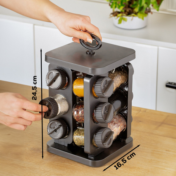 Porsima 1083 Kare Prizma Döner Standlı Döner Kapaklı 12'li Cam Baharatlık-Düzenleyici Organizer-Antrasit - 5