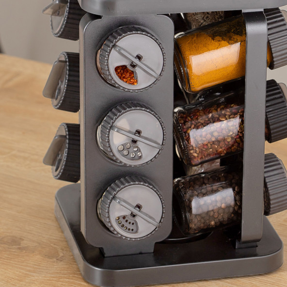 Porsima 1083 Kare Prizma Döner Standlı Döner Kapaklı 12'li Cam Baharatlık-Düzenleyici Organizer-Antrasit - 6