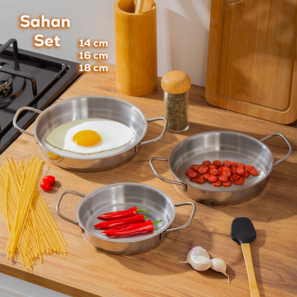 Porsima 3 lü Paslanmaz Çelik Sahan Takımı - Omlet Yumurta Sahan Seti 14-16-18 cm