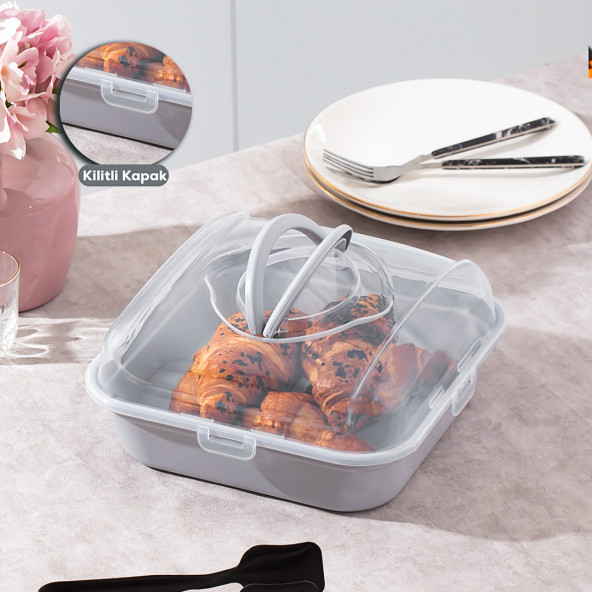 Porsima 1094 Soft Gri Pasta Kek Börek Kabı - Taşıma çantası - Kilitli Fanus - 4