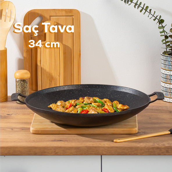 Lines Çok Amaçlı Granit Pişirme Tavası -Çift Yönlü Döküm Sac Kavurma Gözleme Tavası- 34 cm Siyah