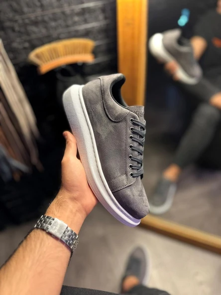 Yüksek Taban Günlük Ayakkabı Gri Süet (Beyaz Taban) ürün görseli