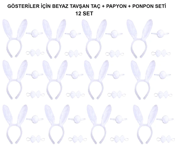 Beyaz Tavşan Kostüm Seti – Taç, Papyon, Kuyruk (12’li Paket) ürün görseli