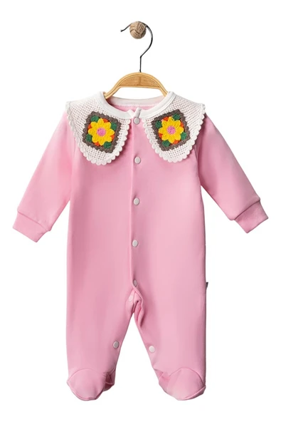 Celira Pembe Çiçek Örgü Yakalı Tulum 3 Ay,6 Ay Kız Bebek ürün görseli 1