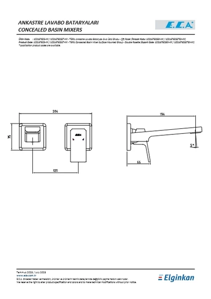 Eca Tiera Ankastre Lavabo Bataryası Sıva Üstü Çift Rozet - Resim 2