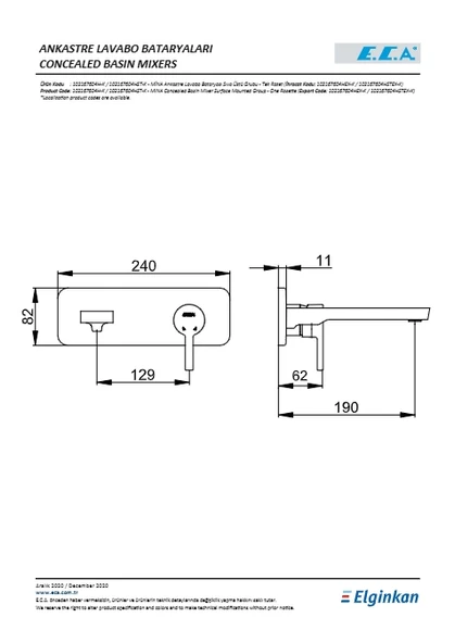 ECA Mina Ankastre Lavabo Bataryası Sıva Üstü Tek Rozet - Resim 2