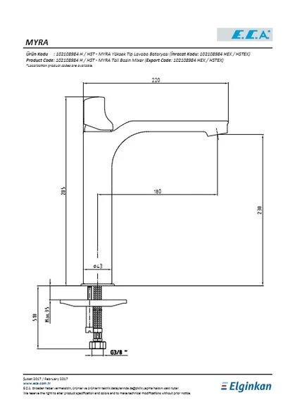 Eca Myra Yüksek Tip Lavabo Bataryası - Resim 2