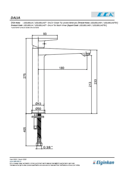 Eca Dalia Yüksek Tip Lavabo Bataryası - Resim 2